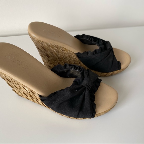 Aldo | Black Knotted Open Toe Wedges - Picture 4 of 11
